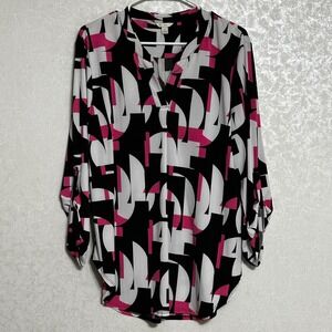 Cato Black Pink White Abstract Geometric Print‎ Roll Tab Sleeve Tunic Top Sz L